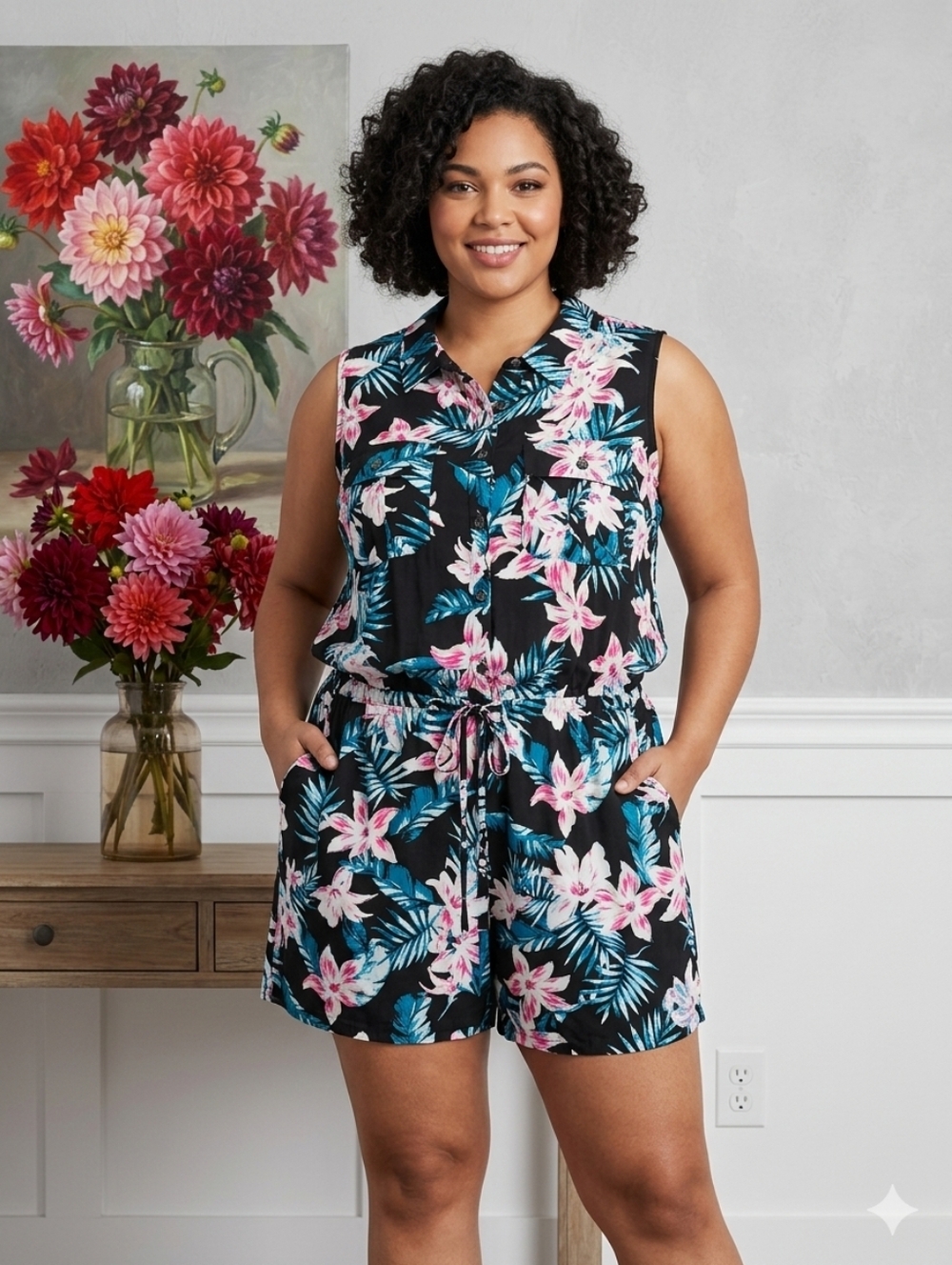 George Tropical Floral Jumpsuit Romper,Black Pink Blue,Tag 2X,Runs Small